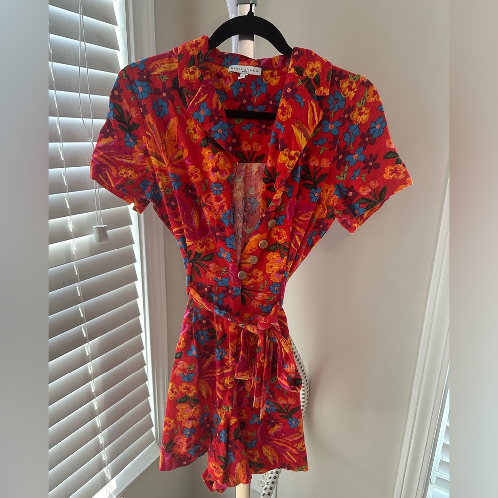 orange and red floral linen romper